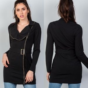 🖤Black Asymmetrical Zip Long Belted Jacket